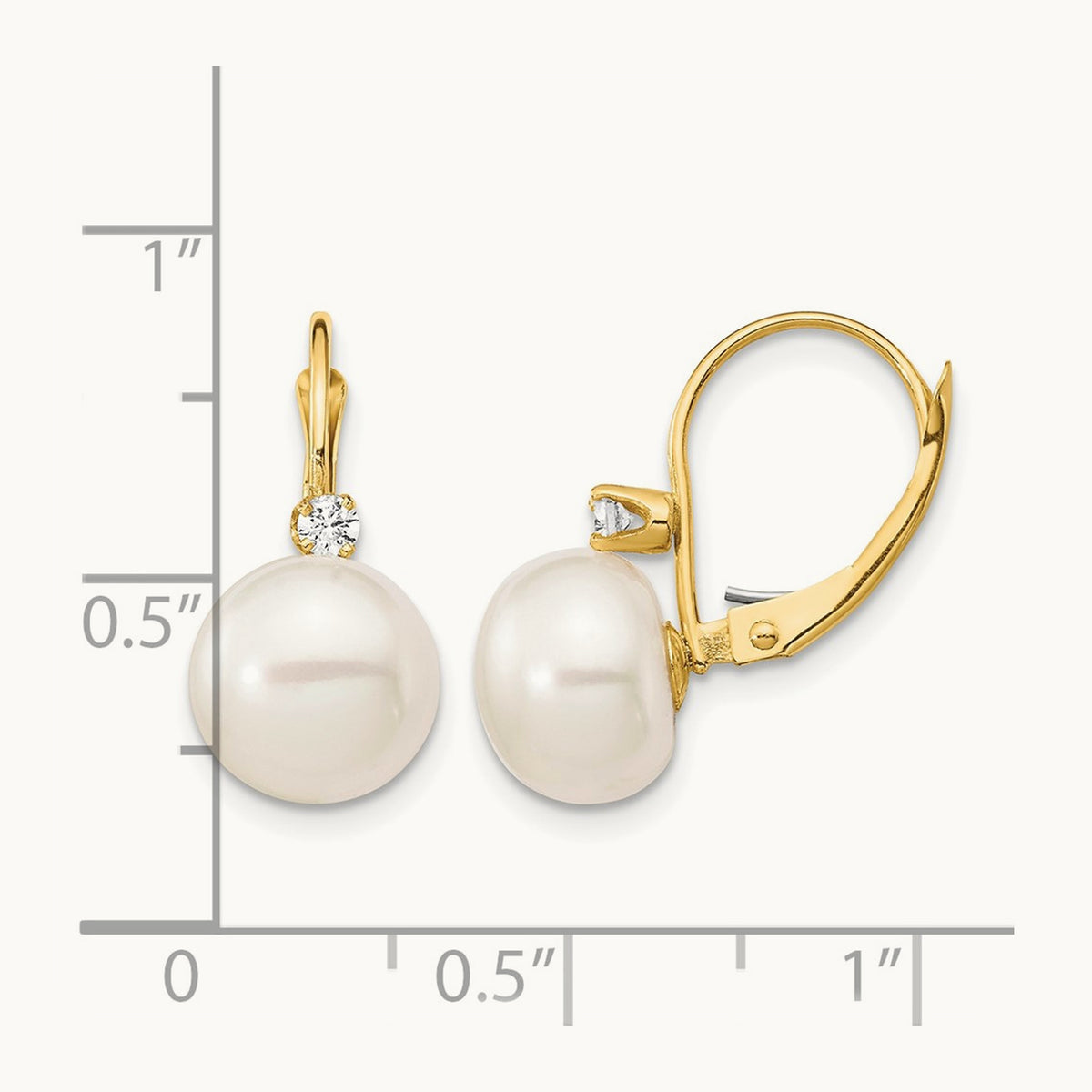10- White Button FWC Pearl .10ct Diamond Leverback Earrings, 11mm, 14K