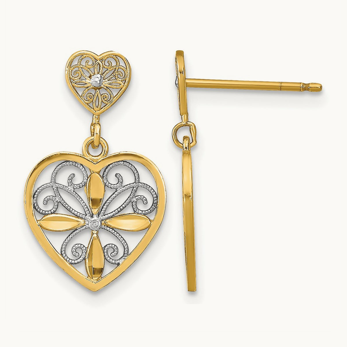 w/RH Flower and Heart Beaded Filigree Dangle Earrings, 14K