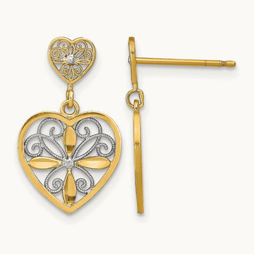 w/RH Flower and Heart Beaded Filigree Dangle Earrings, 14K