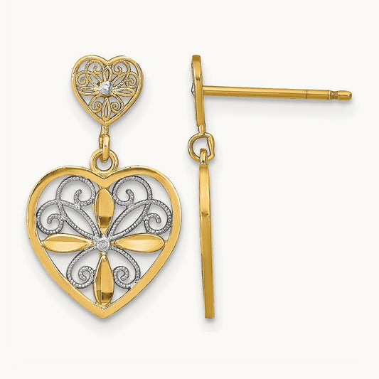 w/RH Flower and Heart Beaded Filigree Dangle Earrings, 14K
