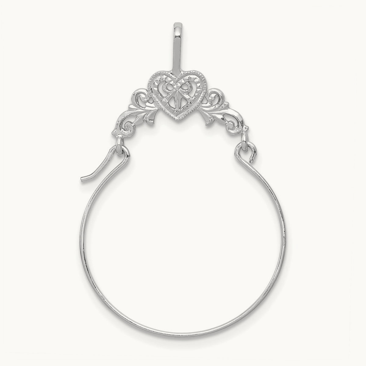 Polished Filigree Heart Charm Holder — 14K White Gold, 39mm