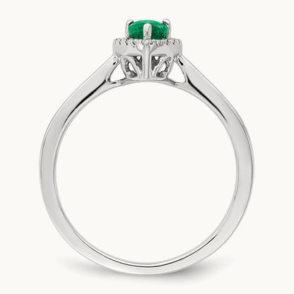 Pear Emerald and Diamond Halo Ring, 14K White Gold