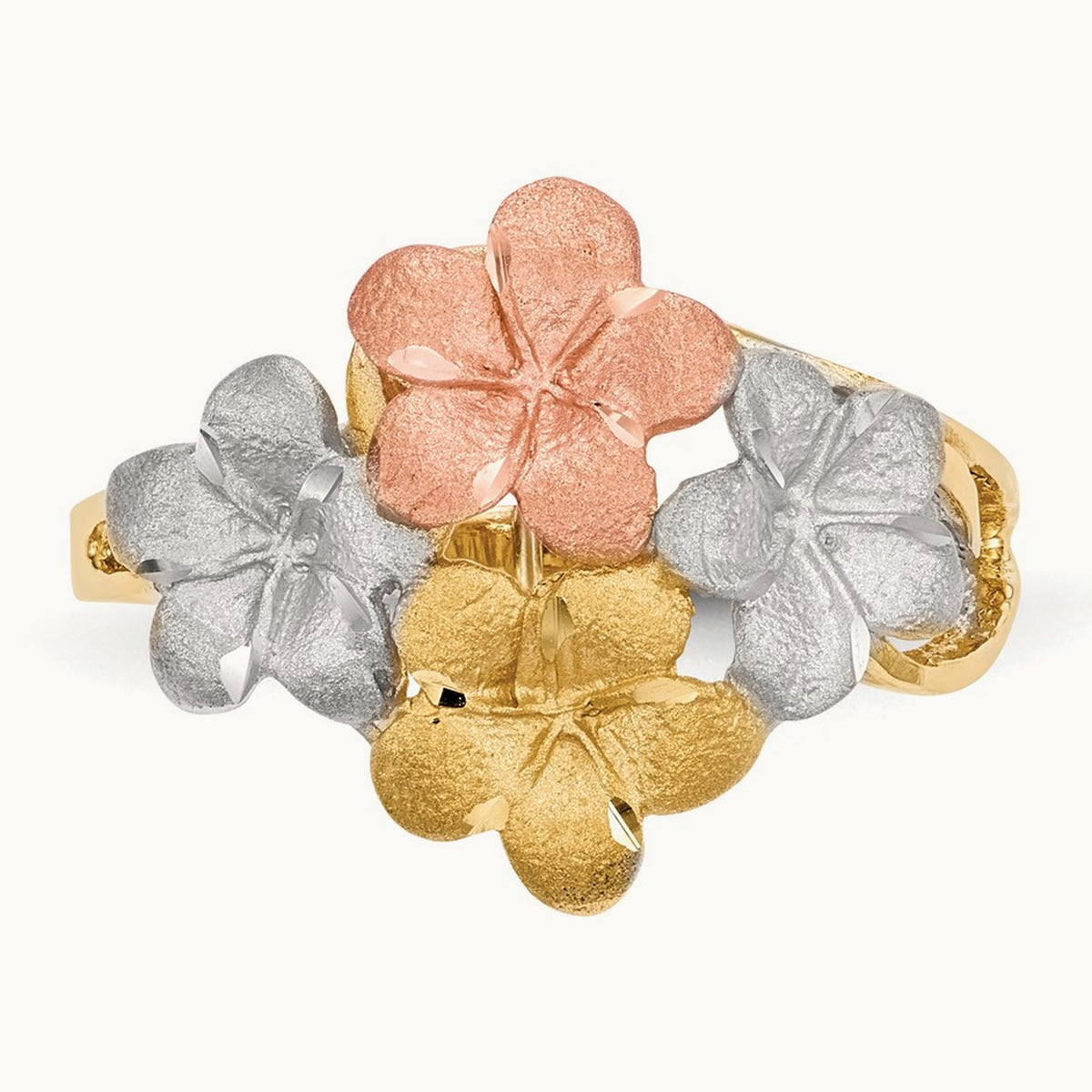 w/White Rhodium Polished & Satin D/C 4-Plumeria Ring, 14K Two-tone