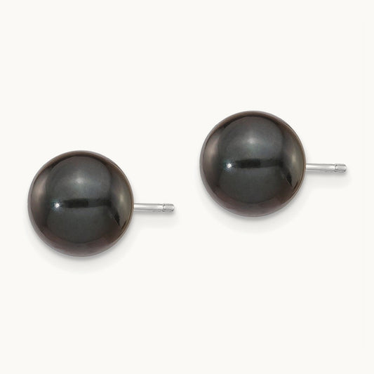 8- Round Black Saltwater Akoya Cultured Pearl Earrings, 9mm, 14K White Gold