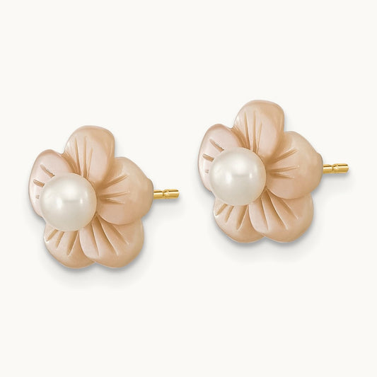 3- Round White FWC Pearl Pink MOP Flower Earrings, 4mm, 14K
