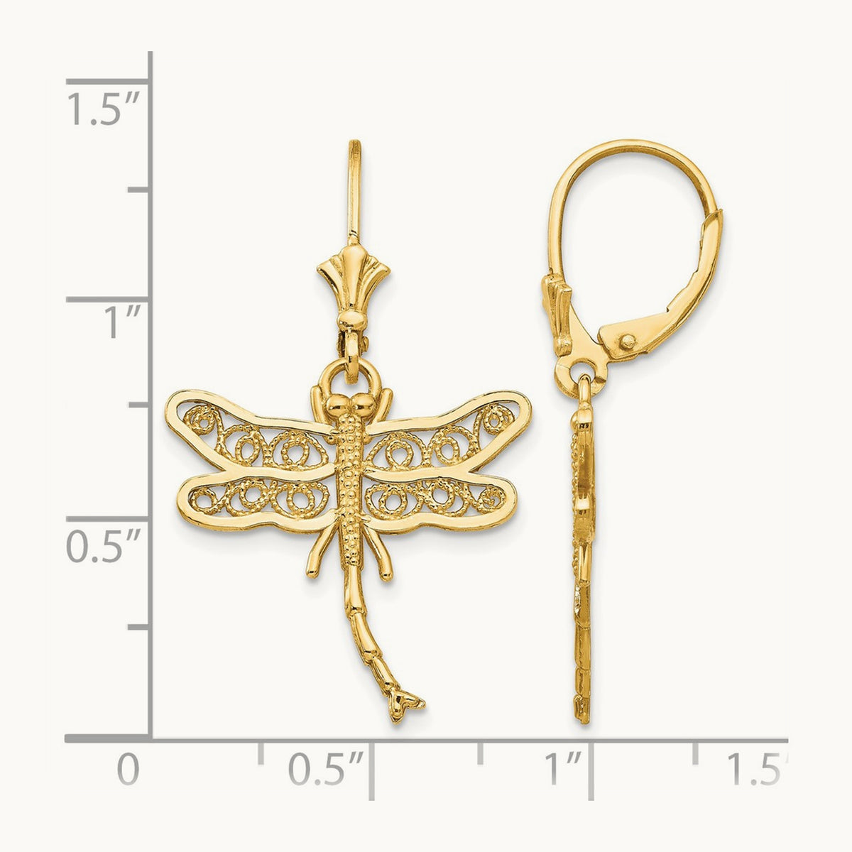 Dragonfly w/Filigree Wings Leverback Earrings, 14K