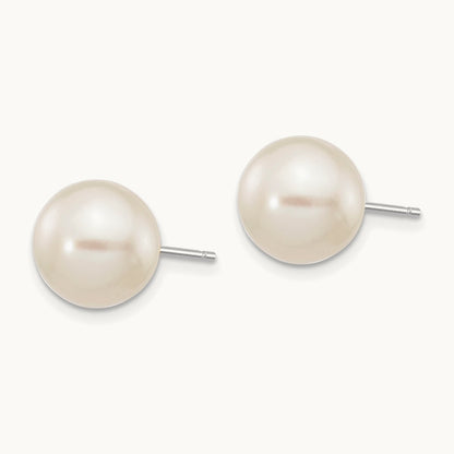 9- White Round FW Cultured Pearl Stud Post Earrings, 10mm, 14K White Gold
