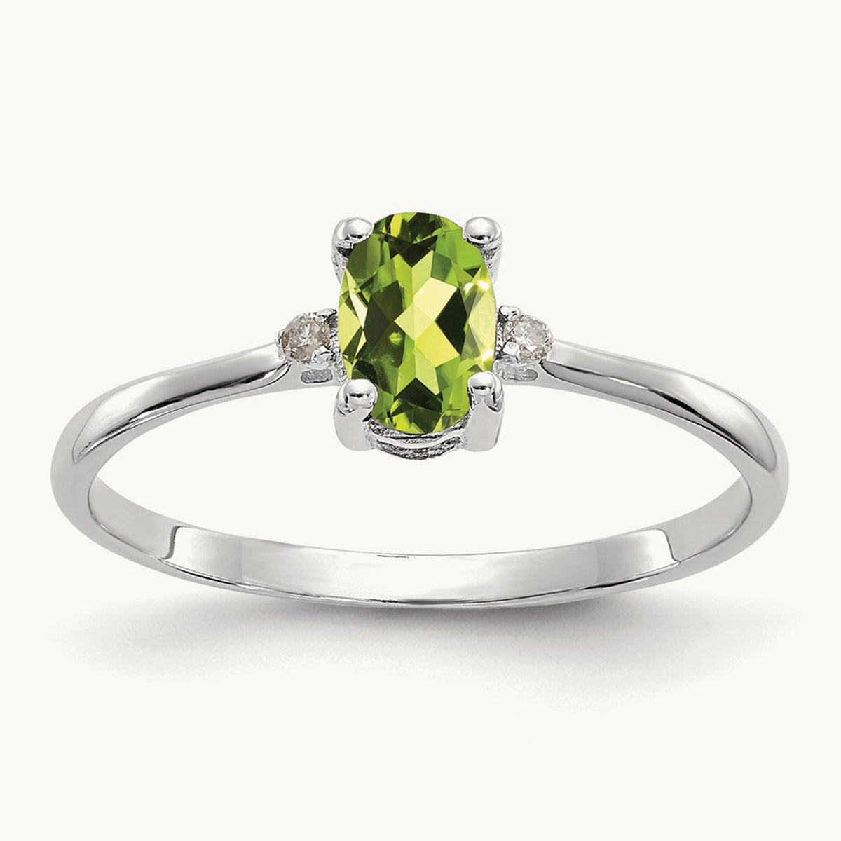 Diamond & Peridot Birthstone Ring — 14K White Gold, 6