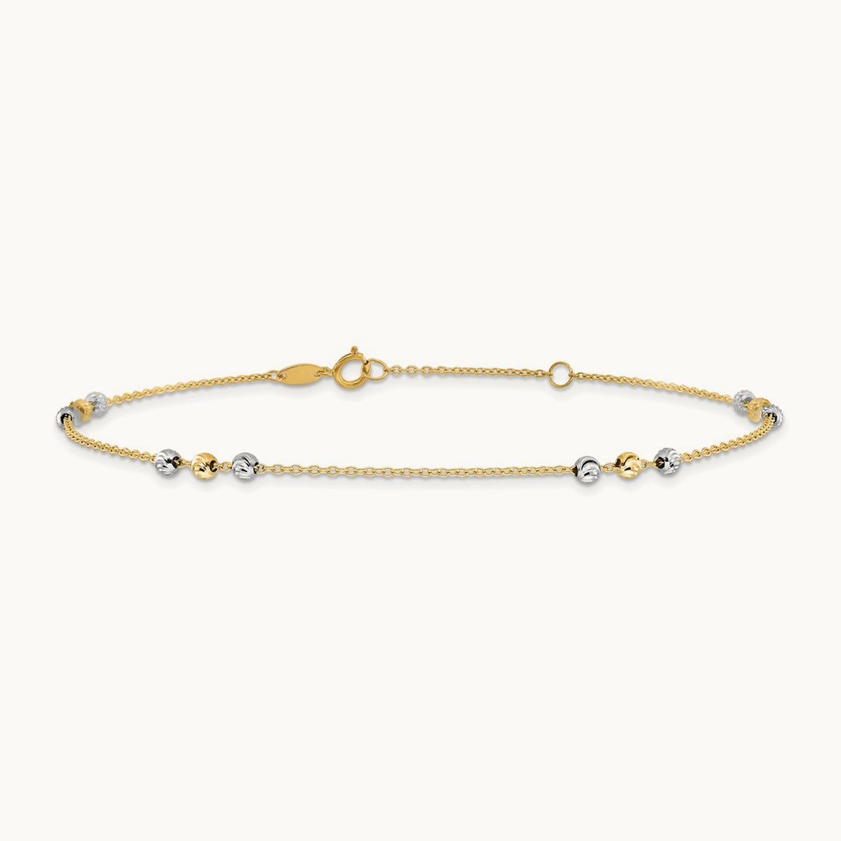 Polished Diamond-cut Beaded 9in Plus 1 in ext. Anklet, 14K Two-tone