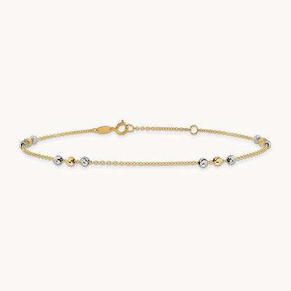 Polished Diamond-cut Beaded 9in Plus 1 in ext. Anklet, 14K Two-tone