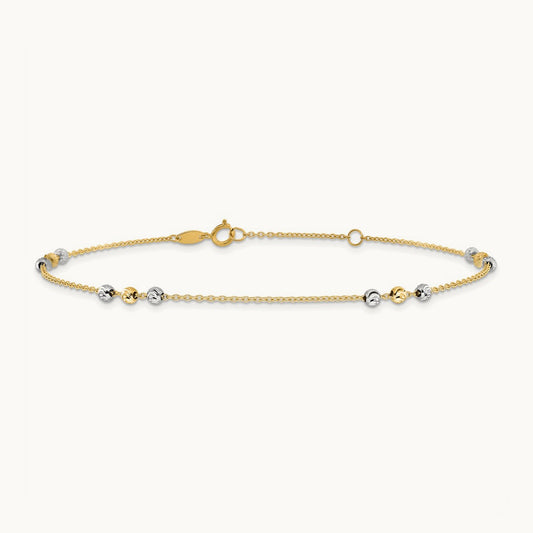 Polished Diamond-cut Beaded 9in Plus 1 in ext. Anklet, 14K Two-tone