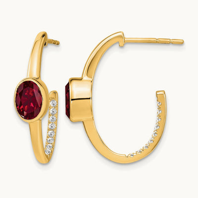 Oval Created Ruby and Diamond J-Hoop Earrings, 14K