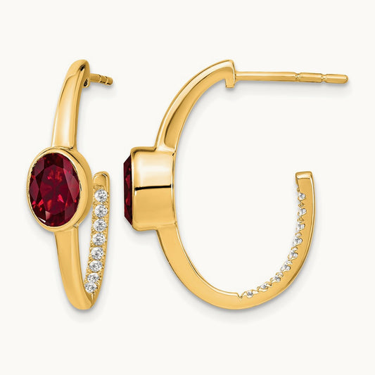 Oval Created Ruby and Diamond J-Hoop Earrings, 14K