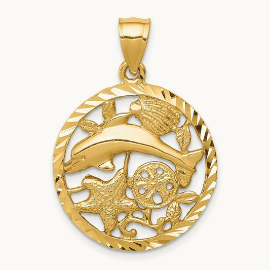 Diamond-cut Dolphin and Shells Circle Pendant, 14K