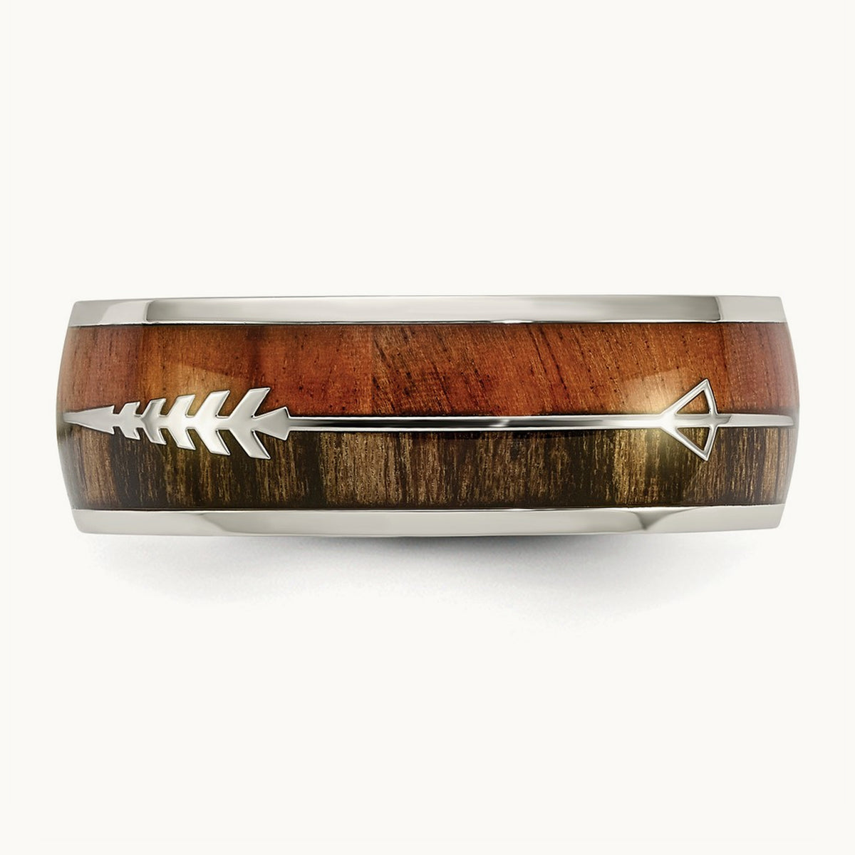Polished with Wood Inlay Arrow Band, 8mm, Stainless Steel