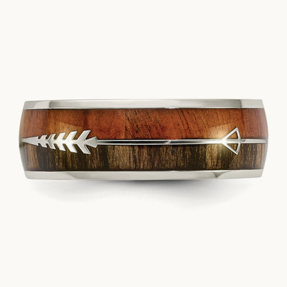 Polished with Wood Inlay Arrow Band, 8mm, Stainless Steel