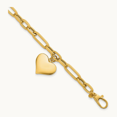 Polished Paperclip Link With Heart Dangle 7.5in Bracelet, 14K