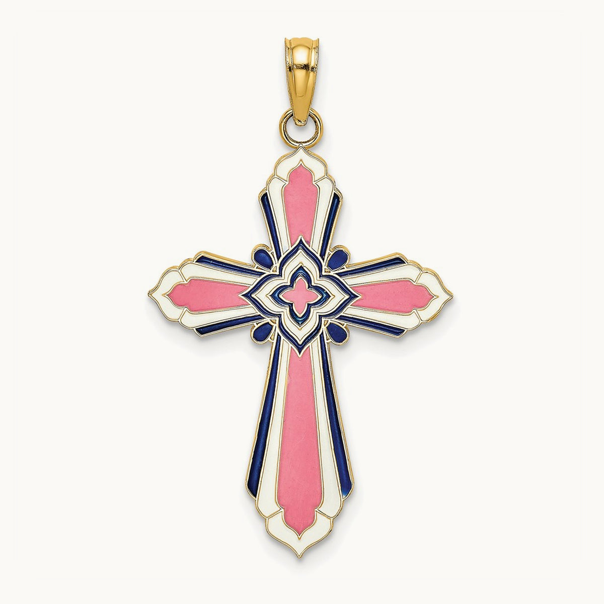 3-D W/ Pink and White Enamel Cross Charm, 14K