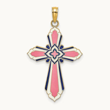 3-D W/ Pink and White Enamel Cross Charm, 14K