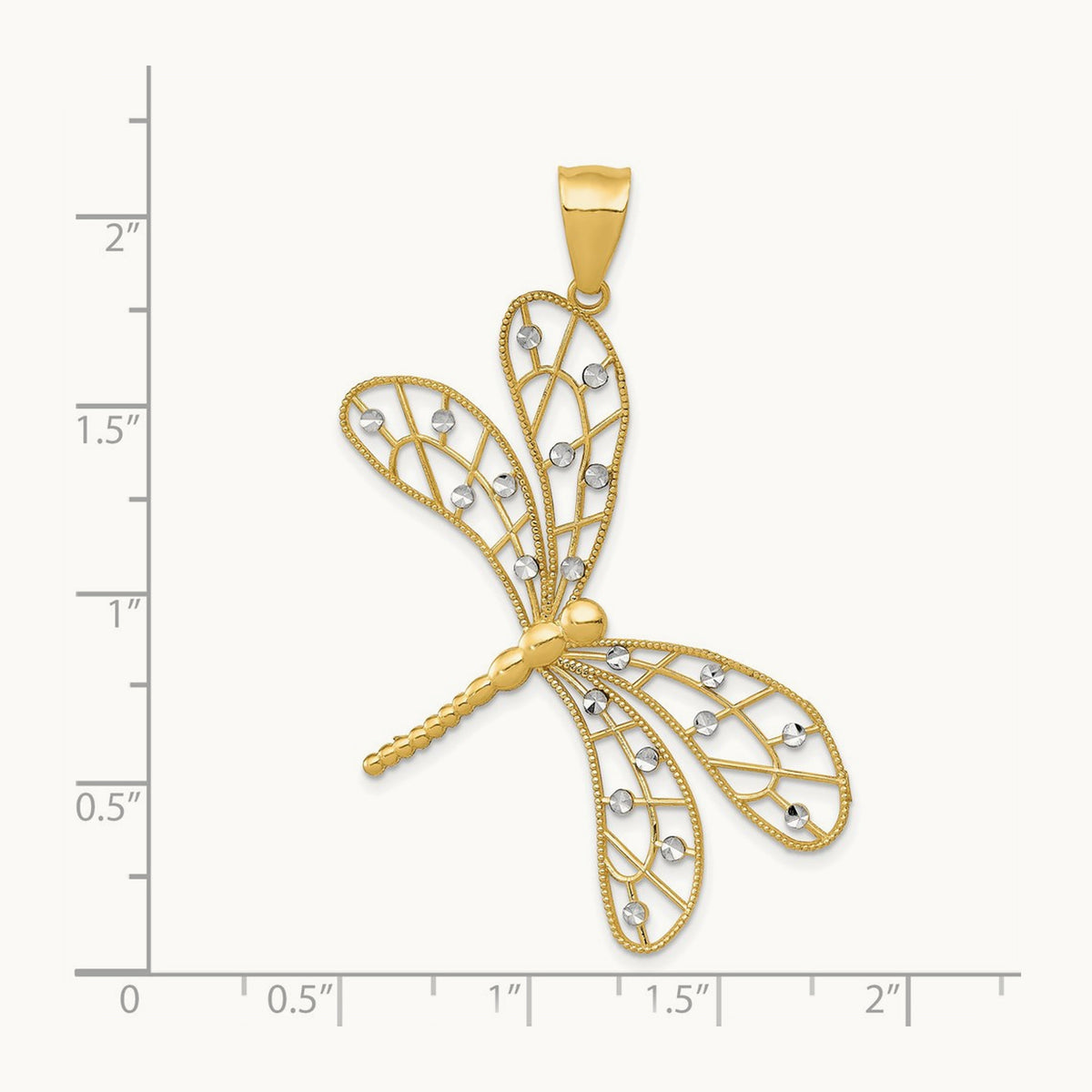 w/Rhodium Polished D/C Filigree Dragonfly Pendant, 14K