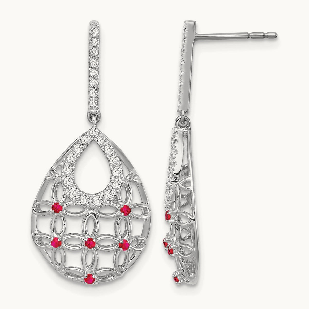 Ruby and Diamond Dangle Earrings, 14K White Gold