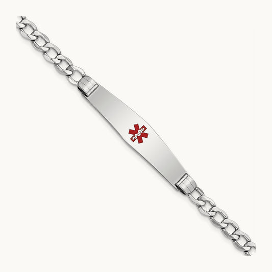 WG Semi-Solid Medical Soft Diamond Shape Red Enamel Curb ID Bracelet, 14K