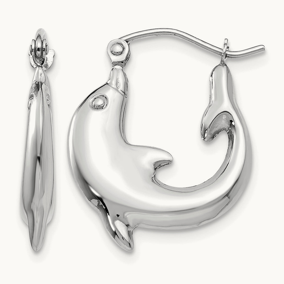 Polished Dolphin Hoop Earrings — 14K White Gold, 18.5mm