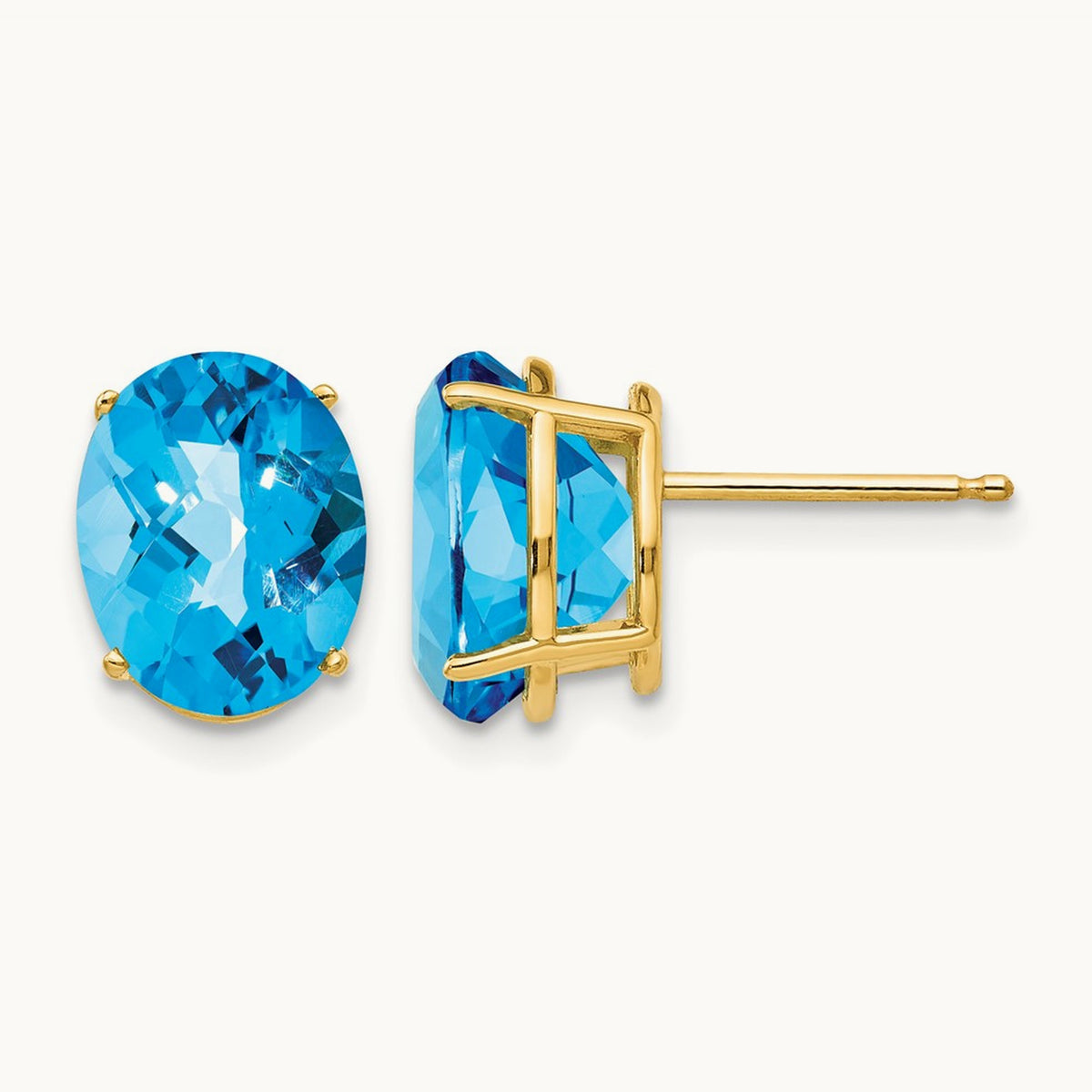 10x8mm Oval Blue Topaz Checker Earrings, 14K