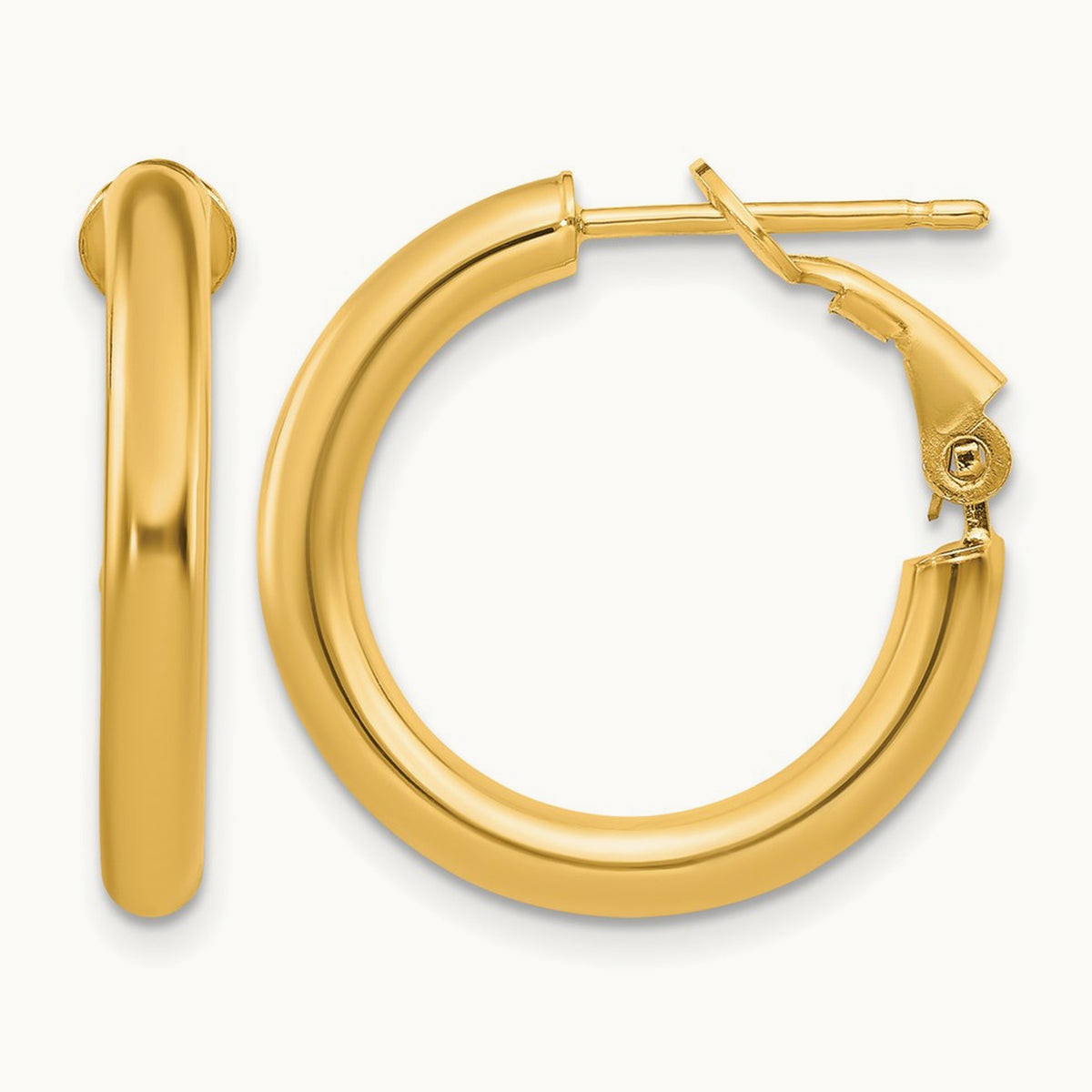 Polished Round Omega Back Hoop Earrings — 14K Yellow Gold, 3x22mm