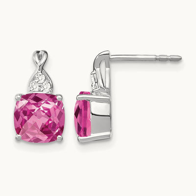 Checkerboard Created Pink Sapphire and Diamond Earrings, 14K White Gold