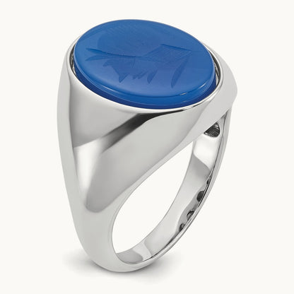 IBGoodman Men's Blue Agate Intaglio Complete Ring, 14K White Gold