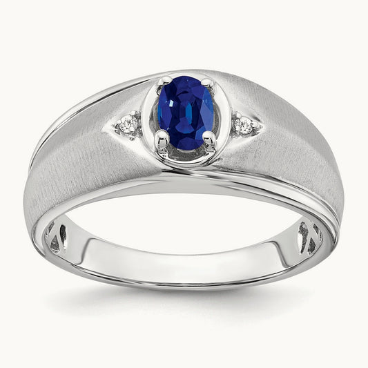 Oval Sapphire and Diamond Men's Ring — 14K White Gold