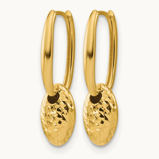 Polished / Dia-cut Oval w/Bead Hinged Hoop Earrings, 14K — Leslie's