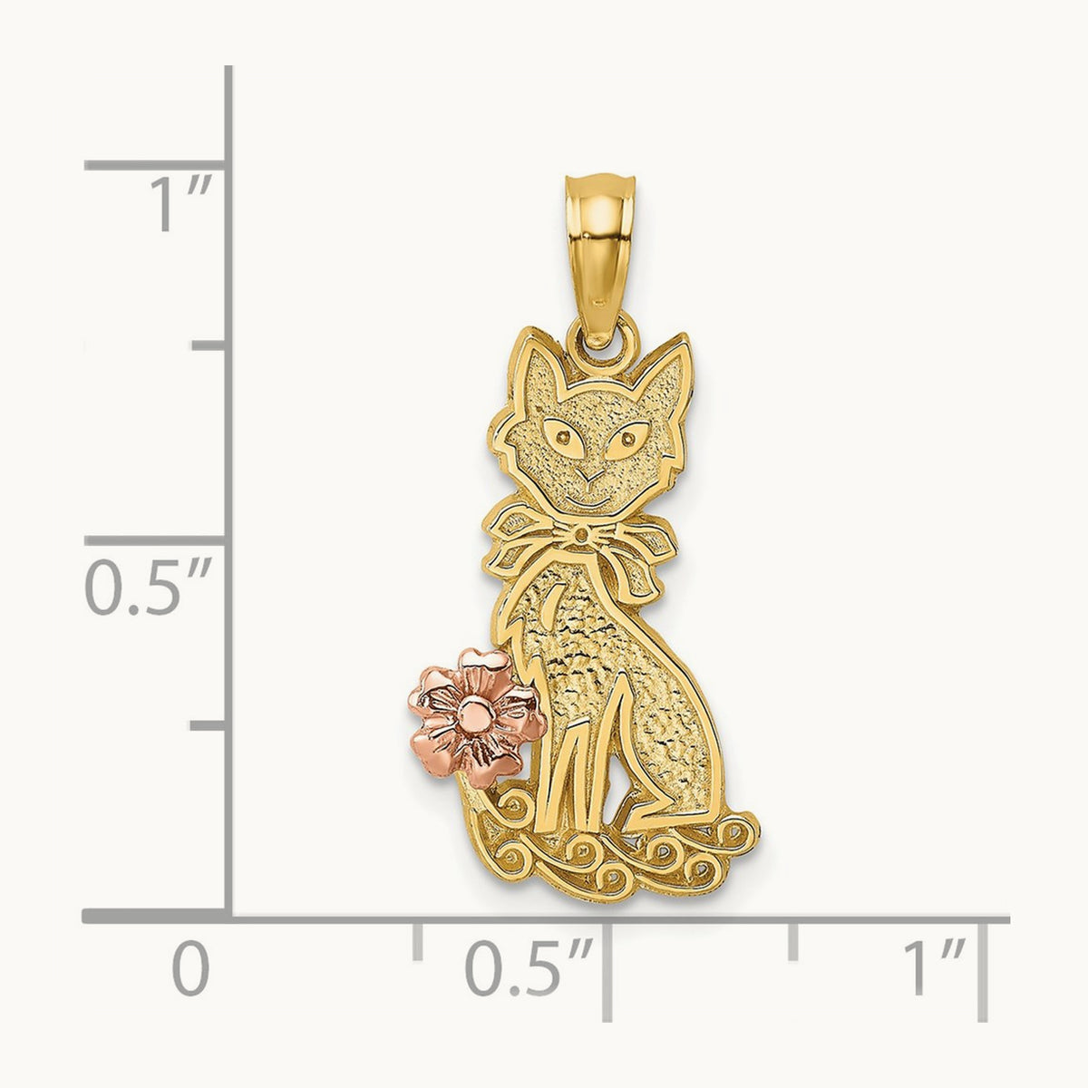 Sitting Cat w/ Bow and Flower Charm, 14K Two-tone