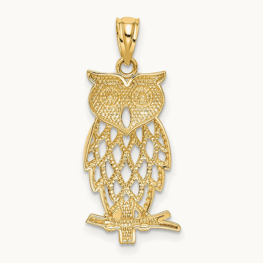 Rhodium Diamond Cut Owl Pendant, 14K Yellow Gold
