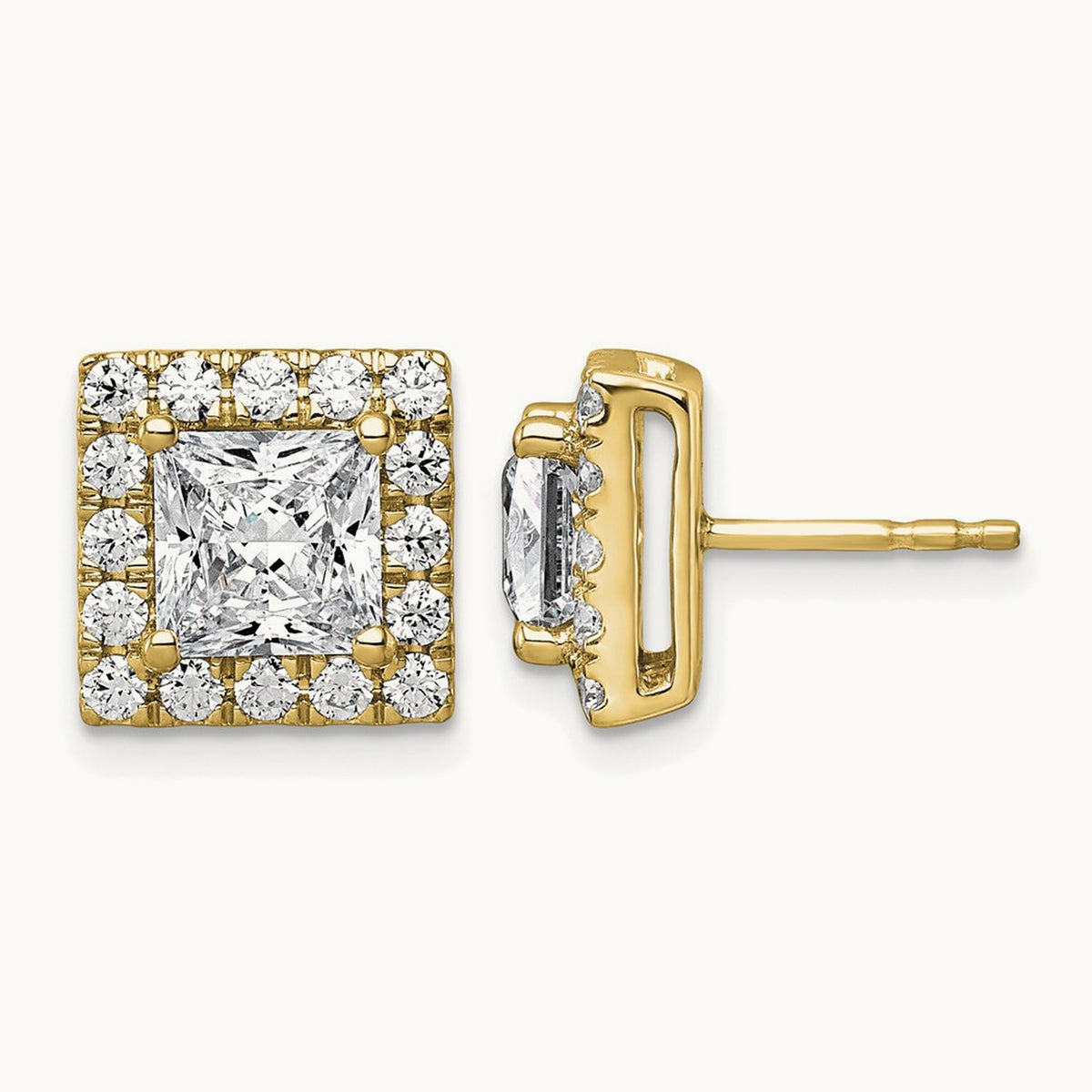 Princess Halo Post Earrings, 0.50-7.50 ct tw Lab-Grown Diamond — 3 7/8 ct, 14K Yellow Gold