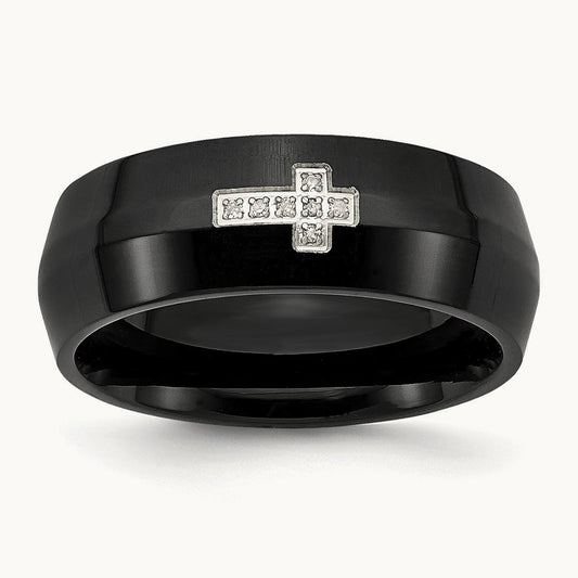 Polished Black IP-plated 2pt Diamond Cross Band, 8mm, Stainless Steel