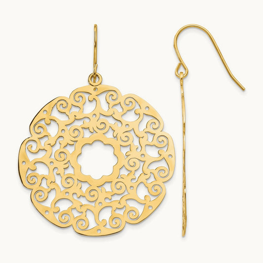 Fancy Lace Filigree Dangle Earrings, 14K