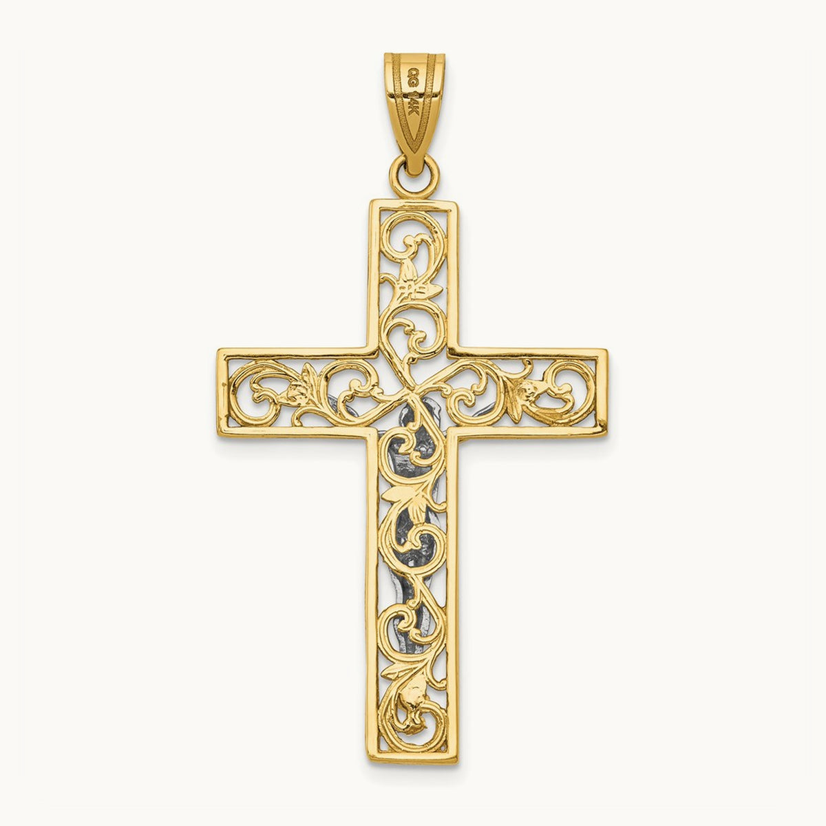 D/C Large Block Filigree Crucifix Pendant, 14K Two-tone