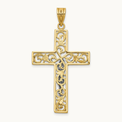 D/C Large Block Filigree Crucifix Pendant, 14K Two-tone