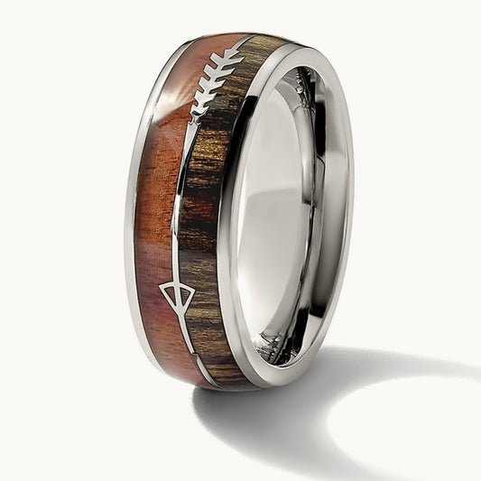 Polished with Wood Inlay Arrow Band, 8mm, Stainless Steel