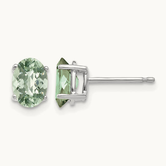 7x5 Oval Checker-Cut Green Quartz Earrings, 14K White Gold