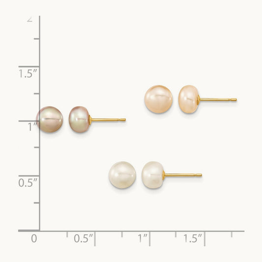 6- Button Freshwater Cultured Pearl Boxed 3 pair Post Earrings Set, 7mm, 14K