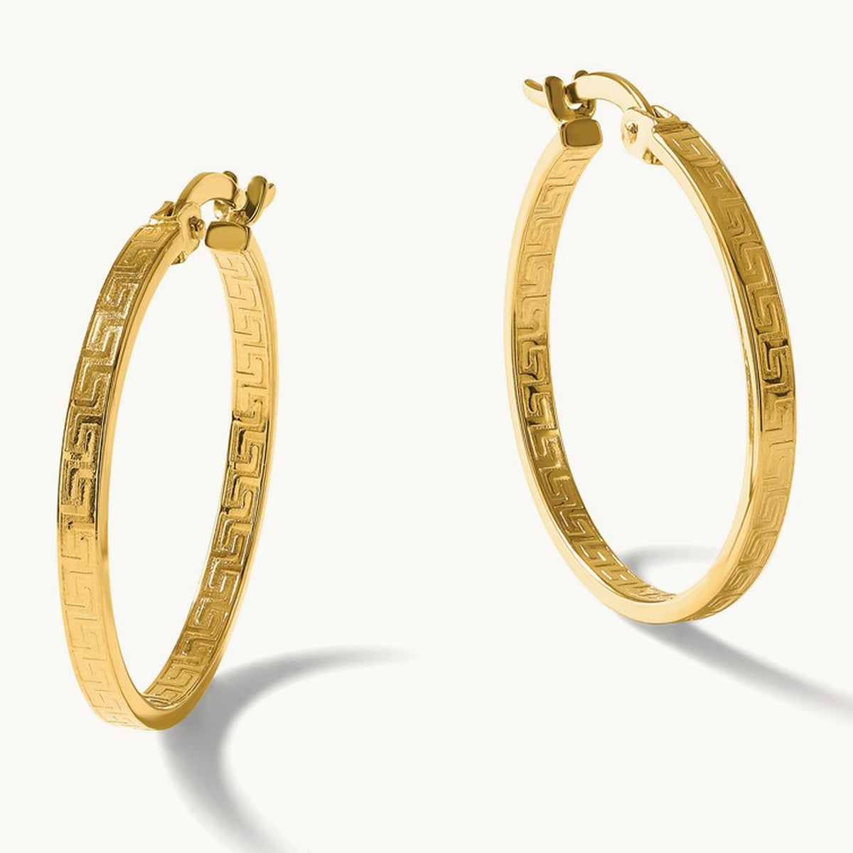 Polished Greek Key Round Hoop Earrings — 24mm