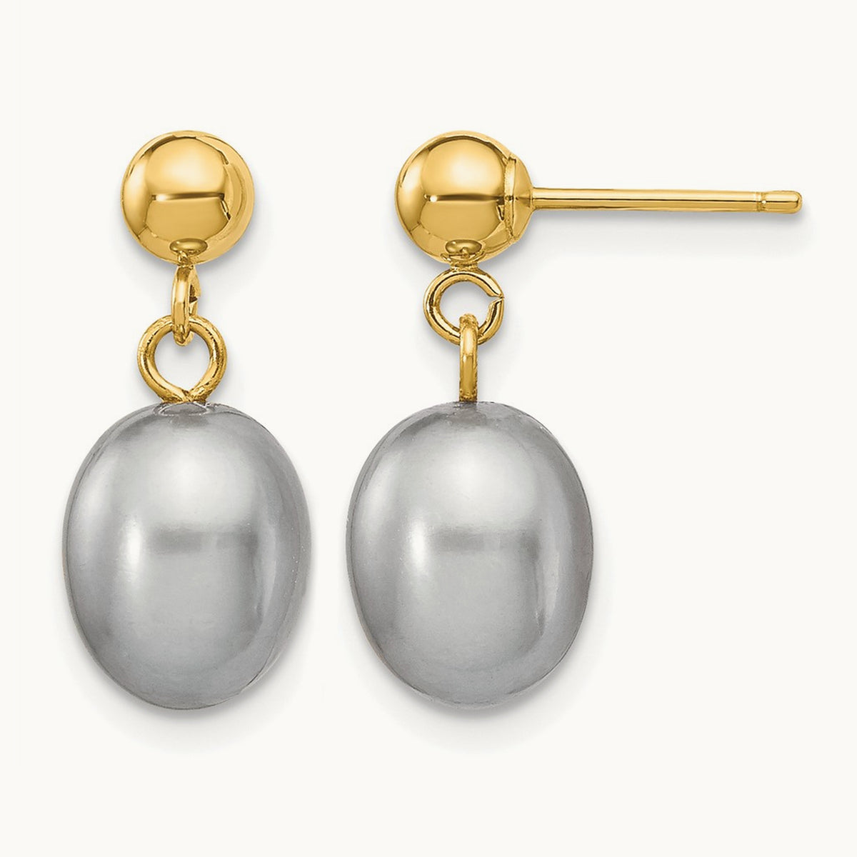 7- Grey Rice Freshwater Cultured Pearl Post Dangle Earrings, 8mm, 14K