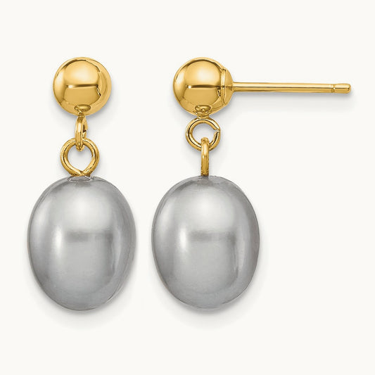 7- Grey Rice Freshwater Cultured Pearl Post Dangle Earrings, 8mm, 14K
