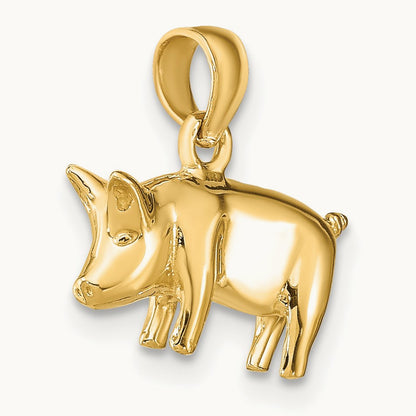 3-D Polished Pig with Curly Tail Charm — 14K Yellow Gold