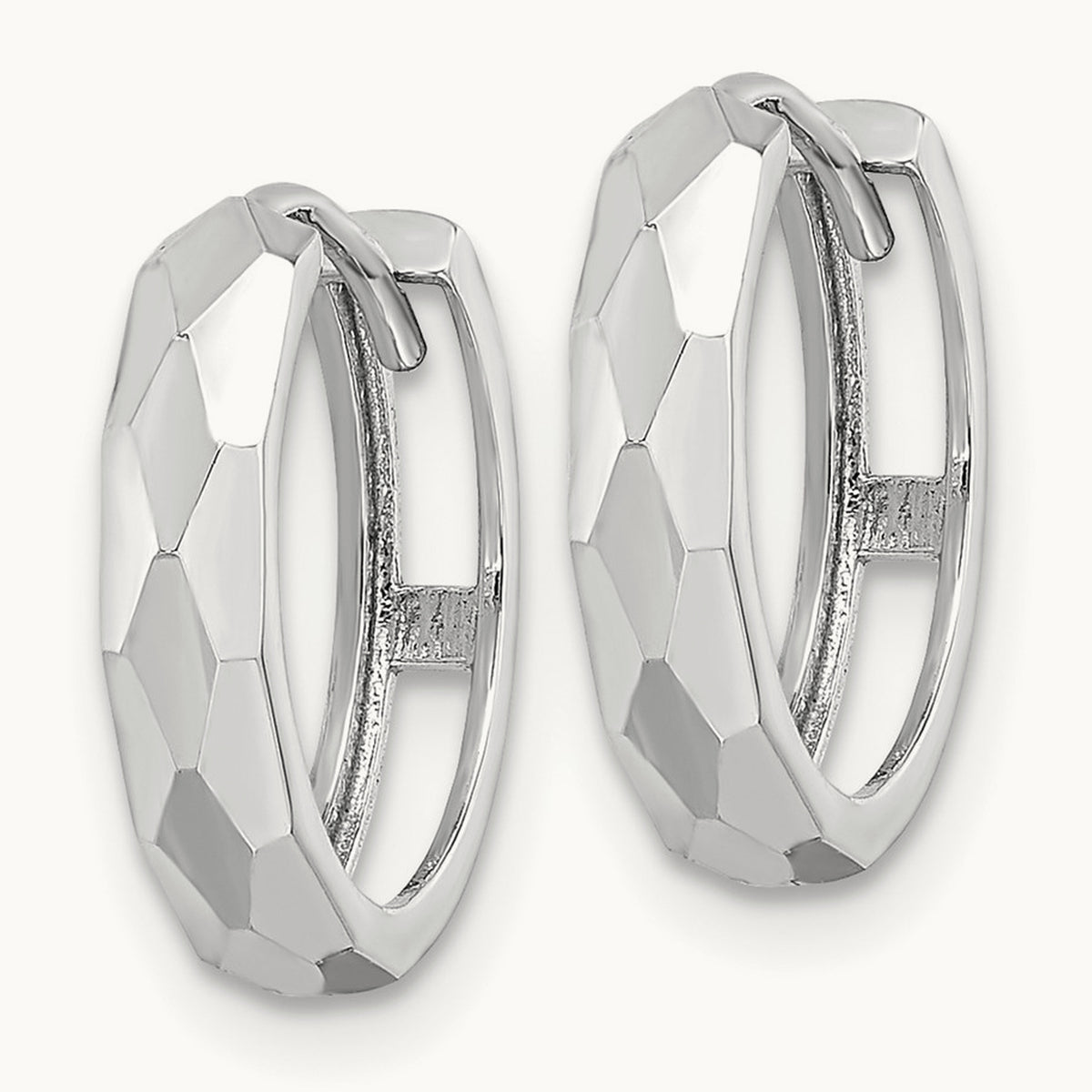 Polished Faceted Hinged Hoop Earrings — 14K White Gold, 3x15mm
