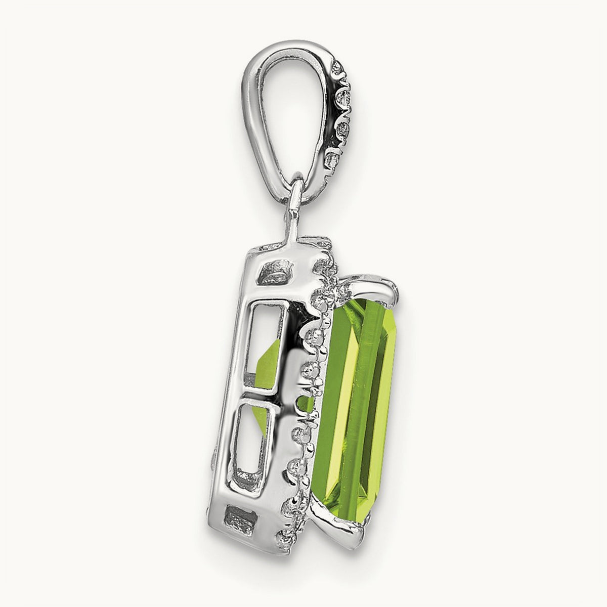 Emerald-cut Peridot and Diamond Halo Pendant, 14K White Gold