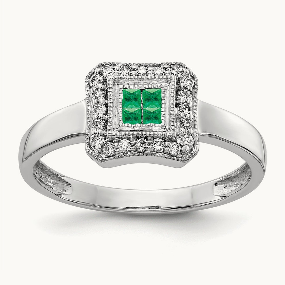 Square Design Emerald and Diamond Ring, 14K White Gold